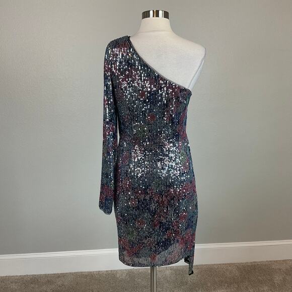 Aidan Mattox Colorful Sequin One Shoulder Mini Sheath Cocktail Dress Blue SZ 12 - Picture 2 of 14